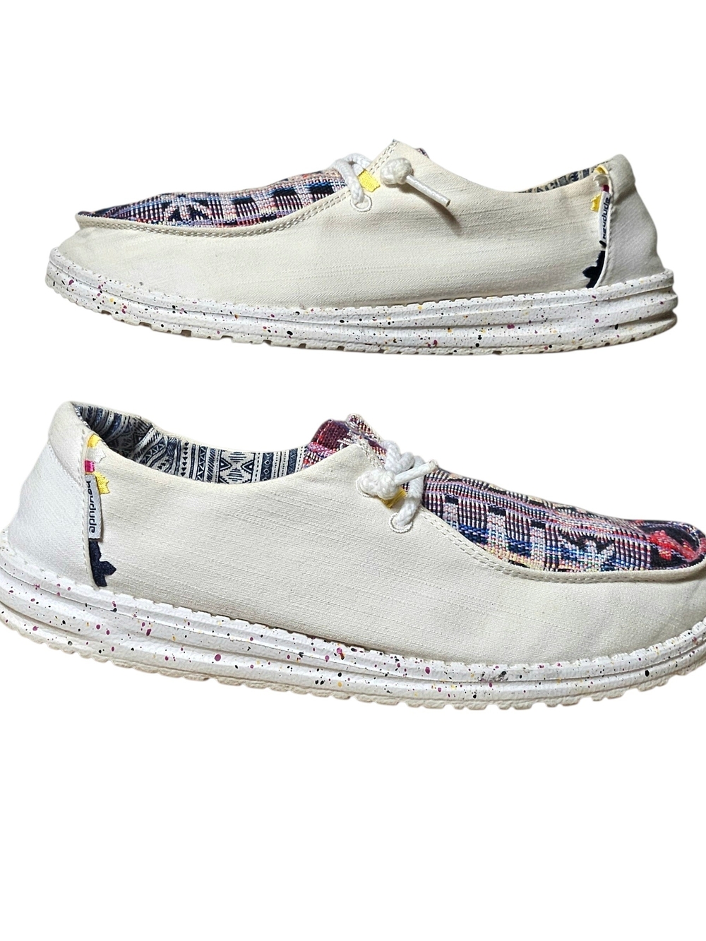 Hey Dude Boho Distressed Azca Sneakers in White with Multi Woven Accents - Picture 2 of 9